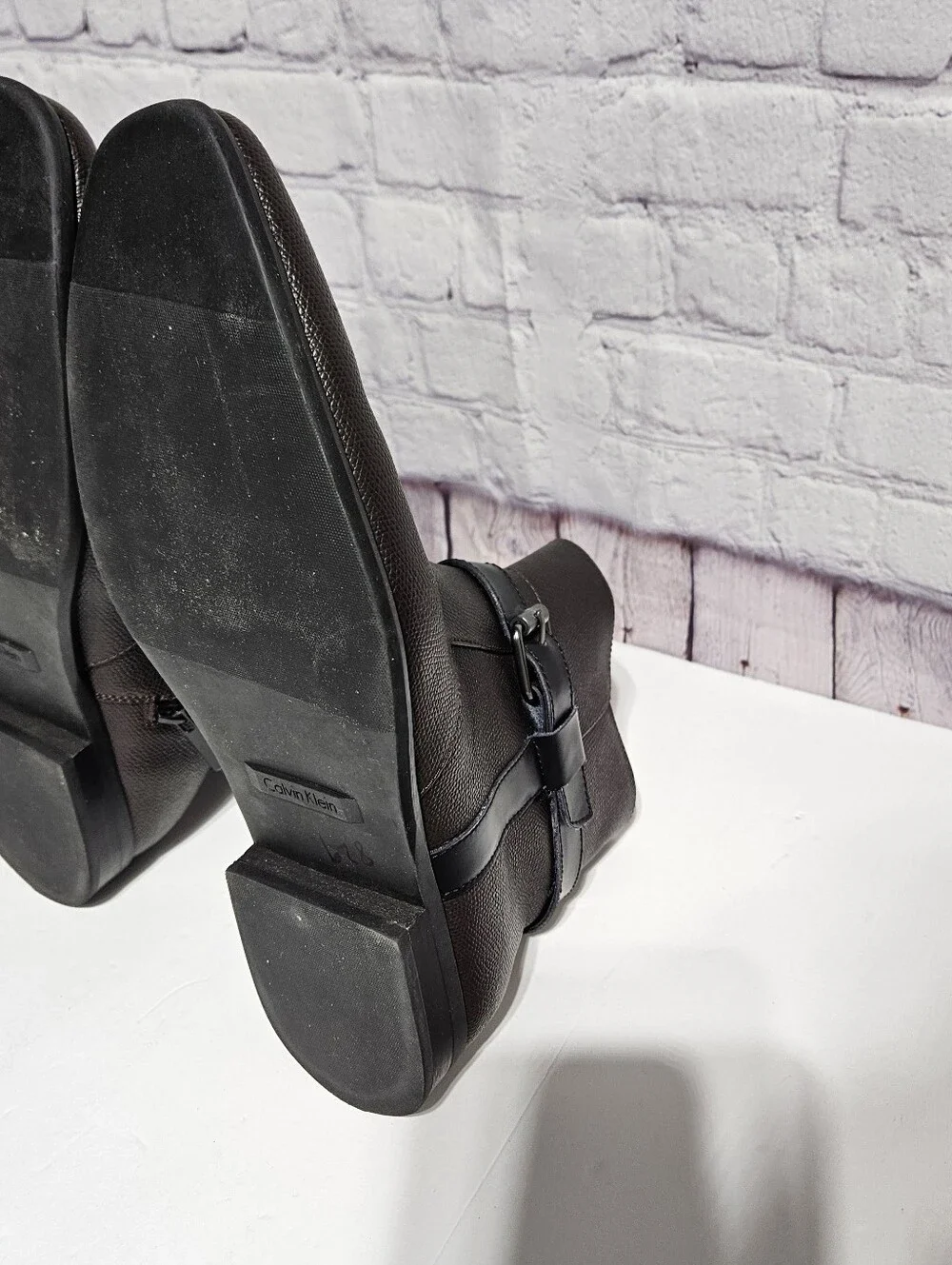 Calvin Klein Black Leather Ankle Boots with Buckle Strap